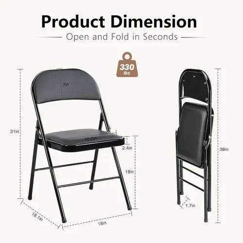 Miniatura 6 de DUMOS Paquete de 2 sillas plegables acolchadas de cuero, asiento comercial apilable portátil para interiores y exteriores con marco de acero, Negro