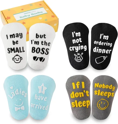 InnoBeta Juego de calcetines para bebé con citas divertidas (4 pares) calcetines para recién nacidosbebés para baby shower, revelación de género de