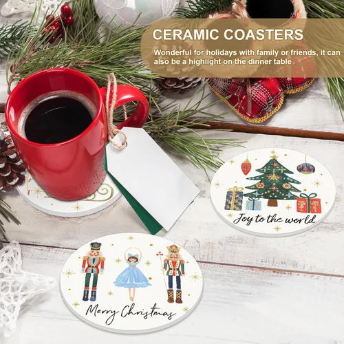 Miniatura 4 de Whaline Juego de 4 posavasos de Navidad, juego de 4 posavasos de cascanueces para Navidad, invierno, vacaciones, cerámica para decoración de mesa