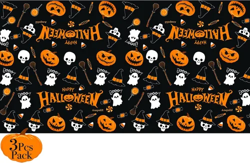 Miniatura 5 de AnapoliZ Mantel de plástico de Halloween Paquete de 3 piezas (54 x 102 pies) Mantel rectangular Calabaza, decoración de brujas Mantel