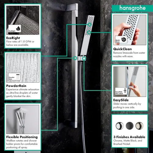 Miniatura 2 de hansgrohe Pulsify E 24371001 - Ducha de mano con 1 pulverizador de 3 pulgadas con barra deslizante y manguera en polvo, cromado, 24371001