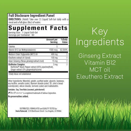 Miniatura 2 de Irwin Naturals Vitamina de metilcobalamina de alta potencia Mega B-12 de 1,500 mcg, absorción rápida y mejorada con MCT + ginseng asiático, refuerzo