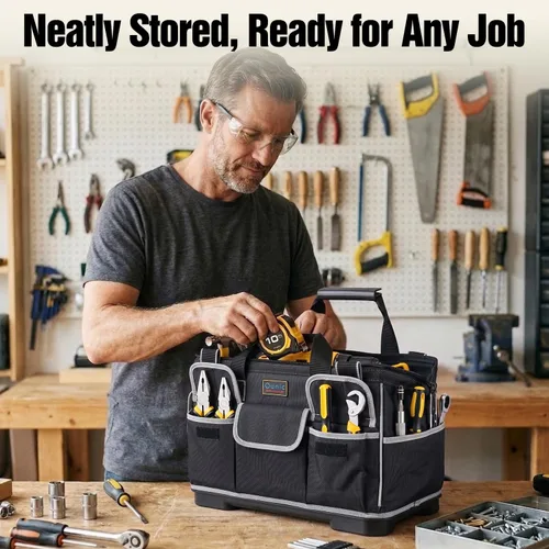 Miniatura 8 de Bolsa de herramientas de boca ancha de 17 pulgadas con parte inferior suave impermeable, organizador de bolsa de herramientas con múltiples