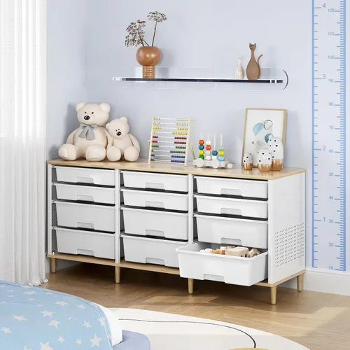 Miniatura 7 de Armario de almacenamiento de 12 cajones con parte superior de madera y contenedores de plástico, estante de juguetes, organizador de cubos