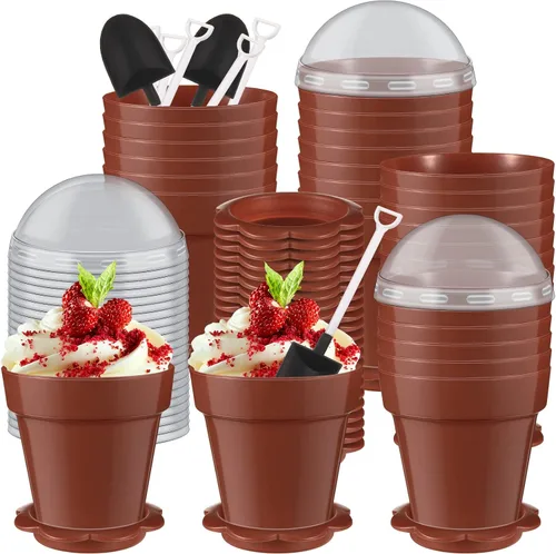 Miniatura 10 de Honeydak Paquete de 50 tazas de plástico para tartas de postre con tapa, pala, cuchara, bandeja inferior, tazas de postre, helado, yogur, Blanco