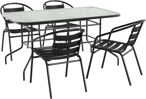 Flash Furniture Lila - Juego de comedor de 5 piezas para patio, mesa de patio de vidrio templado de 55 pulgadas con agujero para paraguas, 4 sillas