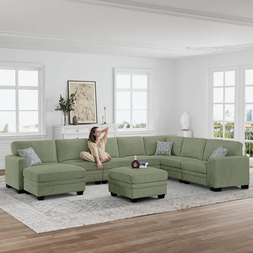 Miniatura 42 de Legend Vansen Sofá Seccional Modular de Gran Tamaño, Sofá en Forma de U de 7 Asientos con Otomana, Sofá de Pana con Asiento Profundo, Sofás Crema