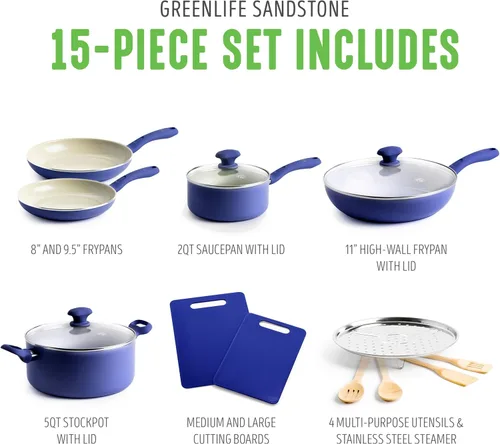 Miniatura 3 de GreenLife Sandstone Healthy Ceramic Antiadherente, juego de ollas de cocina y sartenes para freír, sin PFAS, apto para lavavajillas, azul
