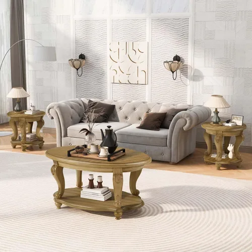 Miniatura 13 de Mesa de café ovalada de madera para sala de estar, mesa de café de dos niveles de madera maciza con estante de almacenamiento abierto, mesa