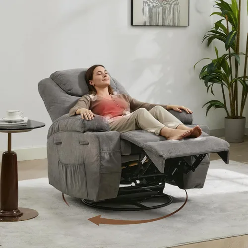 Miniatura 2 de Silla reclinable giratoria de 360° con masaje y calor para adultos, silla reclinable eléctrica con cojín suave y bolsillo lateral, cómoda mecedora