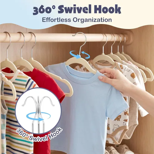 Miniatura 8 de HOUSE DAY Perchas de terciopelo para bebés de 11 pulgadas, paquete de 50 perchas color beige de primera calidad para niños, ropa de bebés y niños