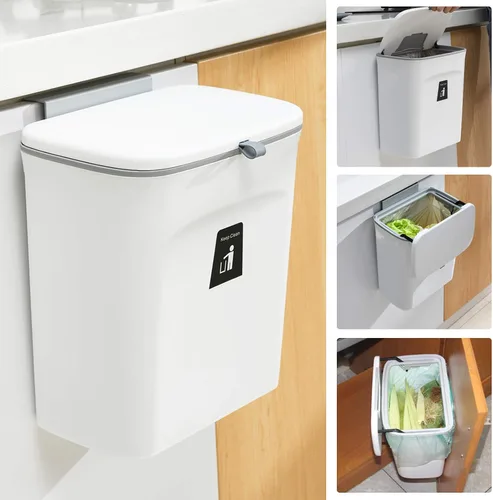 Tiyafuro Cubo de compost de cocina de 2.4 galones para encimera o debajo del fregadero, cubo de basura pequeño colgante con tapa para armario, baño,