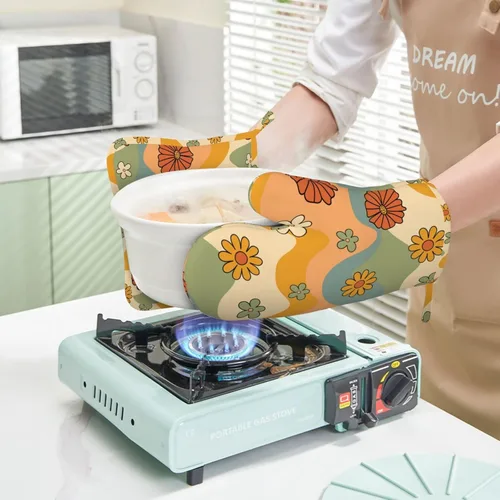 Miniatura 6 de Juego de 4 manoplas de horno y agarraderas de silicona resistentes al calor de los años 70, guantes antideslizantes para cocina, decoración