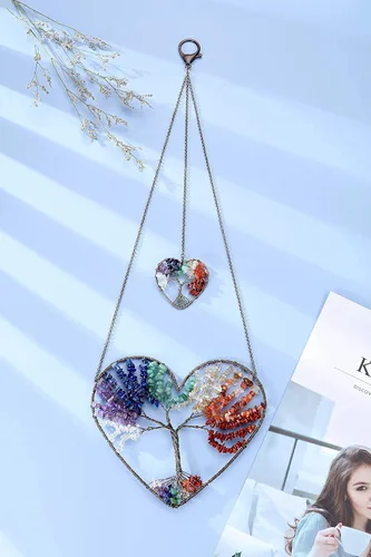 Miniatura 3 de Jovivi Paquete – 2 artículos de adorno colgante de árbol de la vida de doble corazón, 7 chakras reiki curativo percha + 7 chakras árbol de la vida