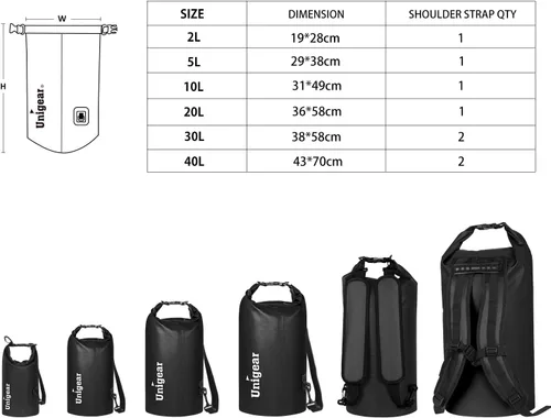 Miniatura 5 de Bolsa seca Unigear impermeable, 2L/5L/10L/20L/30L/40L, Bolsas flotantes y ligeras para kayak, navegación, pesca, natación y camping con funda Negro