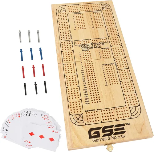 Miniatura 9 de GSE Games & Sports Expert Caja de juego de mesa de Cribbage de madera de 2 pistas con naipes, clavijas de metal y cajón de almacenamiento, tablero