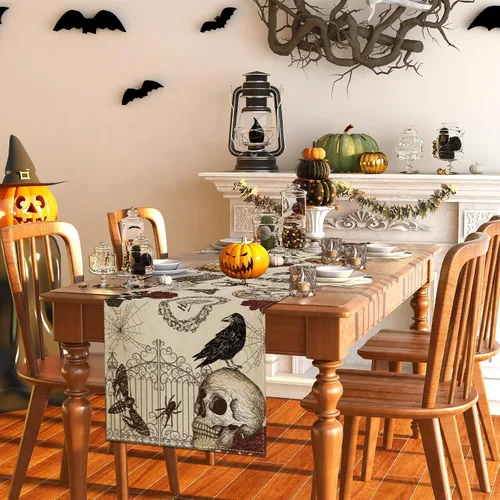 Miniatura 5 de Camino de mesa retro de Halloween, mantel gótico de calavera para Halloween, decoración de calavera y rosas, decoración de Halloween y suministros