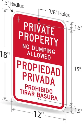 Miniatura 6 de SmartSign Letrero de metal bilingüe con texto en inglés "Private Property - No Dumping Allowed, Prohibido Tirar Basura" de 18 x 12 pulgadas