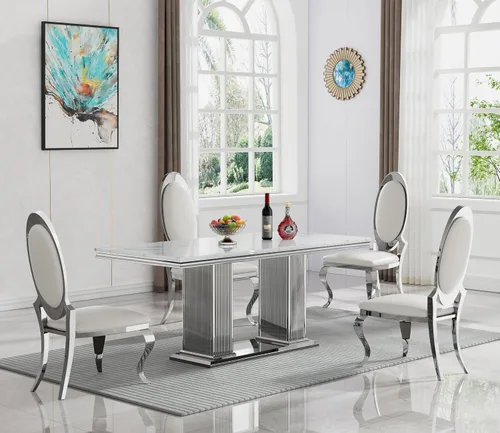 Miniatura 14 de Juego de mesa de comedor de mármol negro de lujo para 4, mesa de cocina dorada de 70 pulgadas y 4 sillas de cuero negro, juego de 5 mesas de comedor