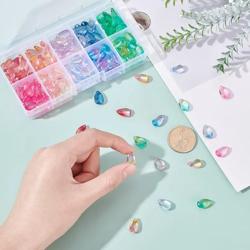 Miniatura 5 de PH PandaHall Cuentas de cristal de lágrima, 200 cuentas de cristal de gota de agua de 10 colores, cuentas sueltas transparentes, dijes coloridos