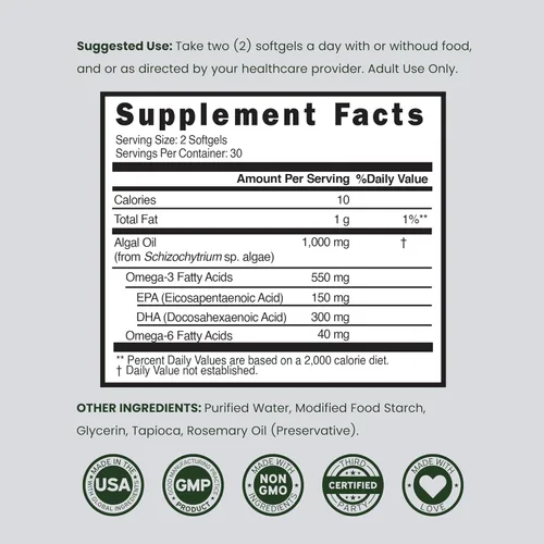 Miniatura 6 de Aceite de algas vegano Omega 3 (60 cápsulas blandas) DHA EPA a base de plantas, de origen sostenible, sin carragenina, sin OMG, salud del corazón
