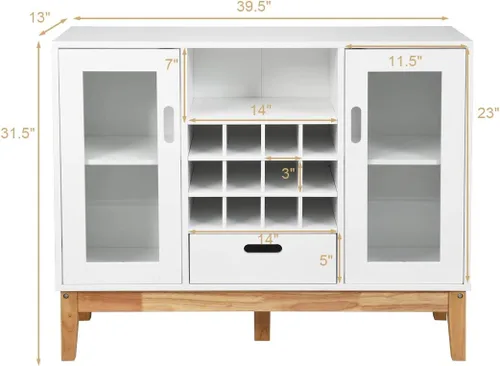 Miniatura 3 de Giantex Aparador de buffet, servidor de cocina de madera, armario de almacenamiento, estante para vino, 2 gabinetes, cajón y estante abierto