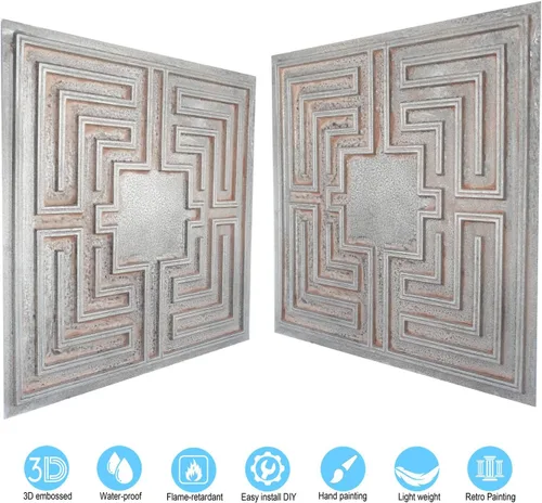 Miniatura 6 de Paneles de pared 3D para decoración estereoscópica en relieve para cafetería, club, salón, hotel, tienda, bar, 2 x 2 pies, PL25 de hierro desgastado