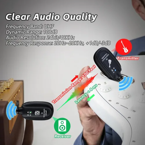 Miniatura 2 de Sistema de guitarra inalámbrico A8 UHF, 2 modos, batería recargable de litio, rango de 100 pies, Plug & Play para guitarra, bajo, violín, teclado