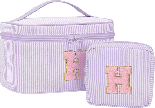 Miniatura 42 de Juego de bolsas de maquillaje con iniciales para niñas y mujeres, bolsa de cosméticos con monograma con soporte para cepillos, estuche de maquillaje