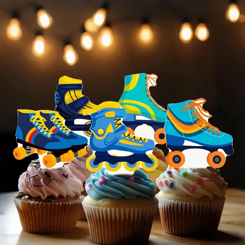 Miniatura 9 de 48 piezas de decoración para cupcakes de patinaje sobre ruedas, decoraciones de fiesta de cumpleaños para niños, temática de patinaje azul
