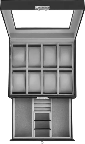 Miniatura 23 de SONGMICS UJWB012 - Caja de reloj de 12 ranuras, caja de reloj con cerradura con tapa de vidrio, 2 capas, con 1 cajón para anillos, pulseras, idea