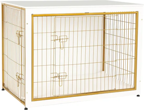 Miniatura 33 de DWANTON Mueble de jaula para perros con cojín, mesa de madera para perros con puertas dobles, casa de perro de interior, tamaño pequeño, mediano