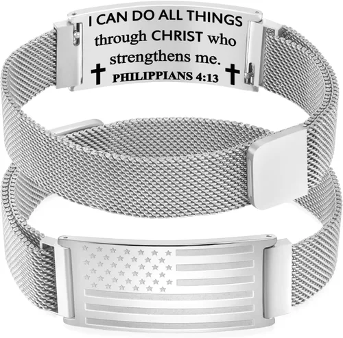 Miniatura 22 de DuoDiner Regalos de primera comunión, pulsera de cruz para niños y hombres, bandera estadounidense, versículo bíblico cristiano, regalos de joyería