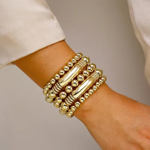 Miniatura 5 de Brazalete de oro para mujer, grueso, curvado, apilable, chapado en abalorios, pulseras elásticas