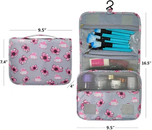 Miniatura 3 de Trawila Neceser colgante de viaje, bolsa de cosméticos, organizador de maquillaje para hombres y mujeres con gancho resistente, Gris (Grey Flower)