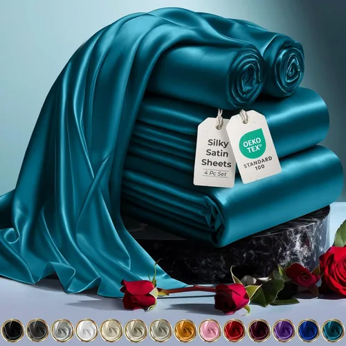 Miniatura 62 de DECOLURE Sábanas de satén para cama - Juego de 6 piezas de ropa de cama de lujo sedosa tamaño King - Más suave que la seda, sin arrugas con sábana