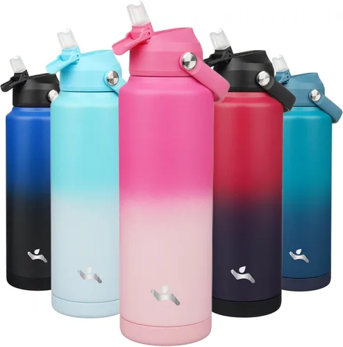 Miniatura 39 de Konokyo Botella de agua aislada con tapa de pajilla, botella de metal al vacío de acero inoxidable de 18 onzas con mango de silicona, color negro