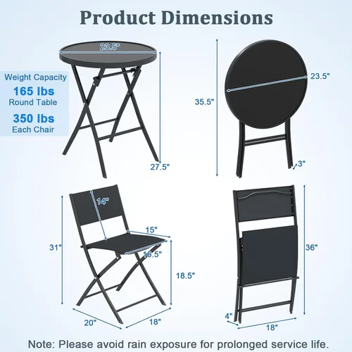 Miniatura 8 de HAPPYGRILL Juego de 3 piezas plegables para patio, juego de conversación al aire libre con mesa auxiliar y 2 sillas de patio, juego de comedor