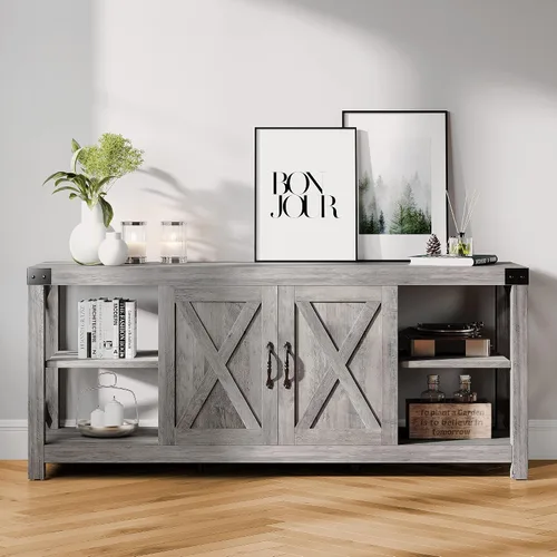 Miniatura 9 de IDEALHOUSE Soporte de TV de 59 pulgadas para TV de hasta 65 pulgadas, gabinete de TV de madera de granja con almacenamiento y estantes ajustables