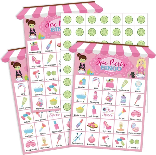 Liliful Juego de bingo para fiesta de spa, 35 piezas, para 24 jugadores, para fiesta de maquillaje, juegos temáticos de belleza para mujeres,