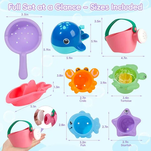 Miniatura 6 de Juguetes de baño sin moldes, 11 piezas Botes flotantes seguros, fáciles de limpiar y divertidos & cuchara & regadera y juguete de ballena