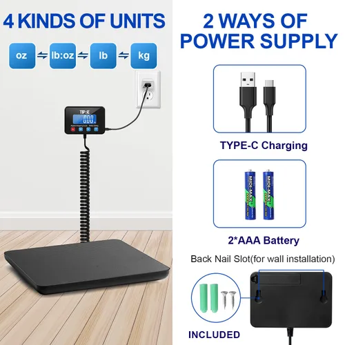 Miniatura 4 de TIPRE Báscula postal de envío digital de 440 libras/0.5 onzas de precisión. Báscula de peso comercial de fibra de carbono ligera para paquetes