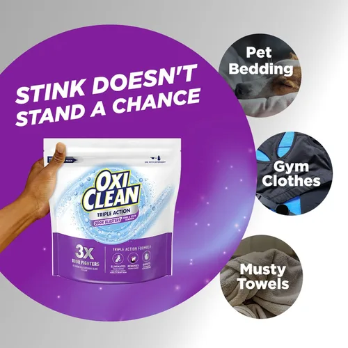 Miniatura 5 de OxiClean Polvo removedor de olores y manchas de triple acción, uso con detergente, elimina olores difíciles y elimina manchas, color seguro y sin