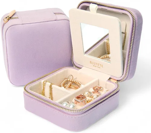 Miniatura 59 de BLUTETE Joyero de viaje organizador de terciopelo con anillos de espejo, aretes, collares, caja organizadora de almacenamiento (negro)