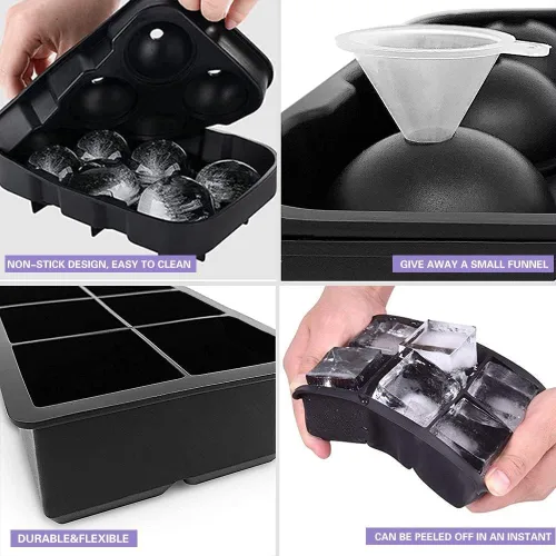 Miniatura 4 de Paquete variado de 2 moldes gigantes de silicona para cubitos de hielo de forma esférica y cuadrada, perfectos para whisky, cócteles, bourbon, sopas