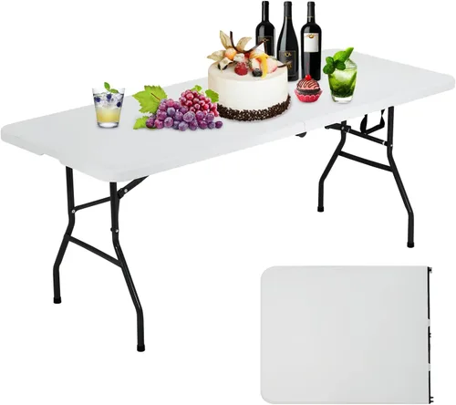 Mesa plegable – Mesa de plástico de 6 pies con asa y cerradura, mesa plegable portátil para camping, comedor, fiesta, ligera, para interiores y