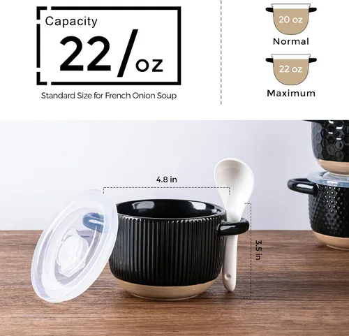 Miniatura 3 de GBhome Cuencos de sopa de 22 onzas con asas y tapas grandes, juego de 4 cuencos de cerámica con cuchara para sopa, cereales, estofado, coloridos