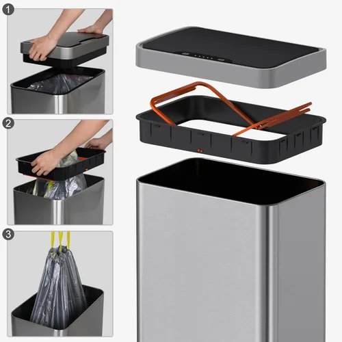Miniatura 3 de Mbillion - Cubo de basura automático sin contacto de 15 galones con sensor de movimiento, cubos de basura inteligentes de acero inoxidable con tapa