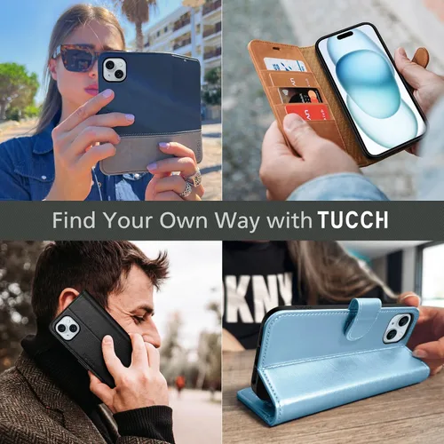 Miniatura 9 de TUCCH Funda tipo cartera para iPhone 15 Plus, [bloqueo RFID] 4 tarjeteros con función atril [funda interior de TPU a prueba de golpes] Funda Negro
