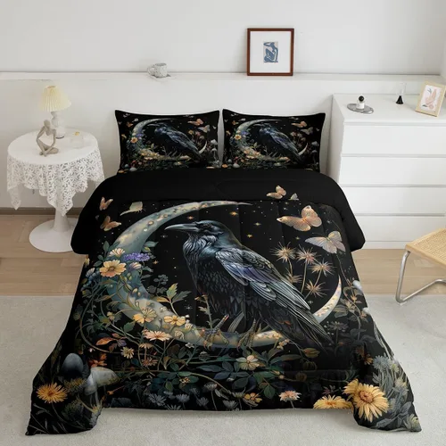 Miniatura 44 de Castle Fairy Juego de edredón con diseño de gato lindo para niños, tamaño twin, juego de ropa de cama con hojas de flores, luna, noche y cielo